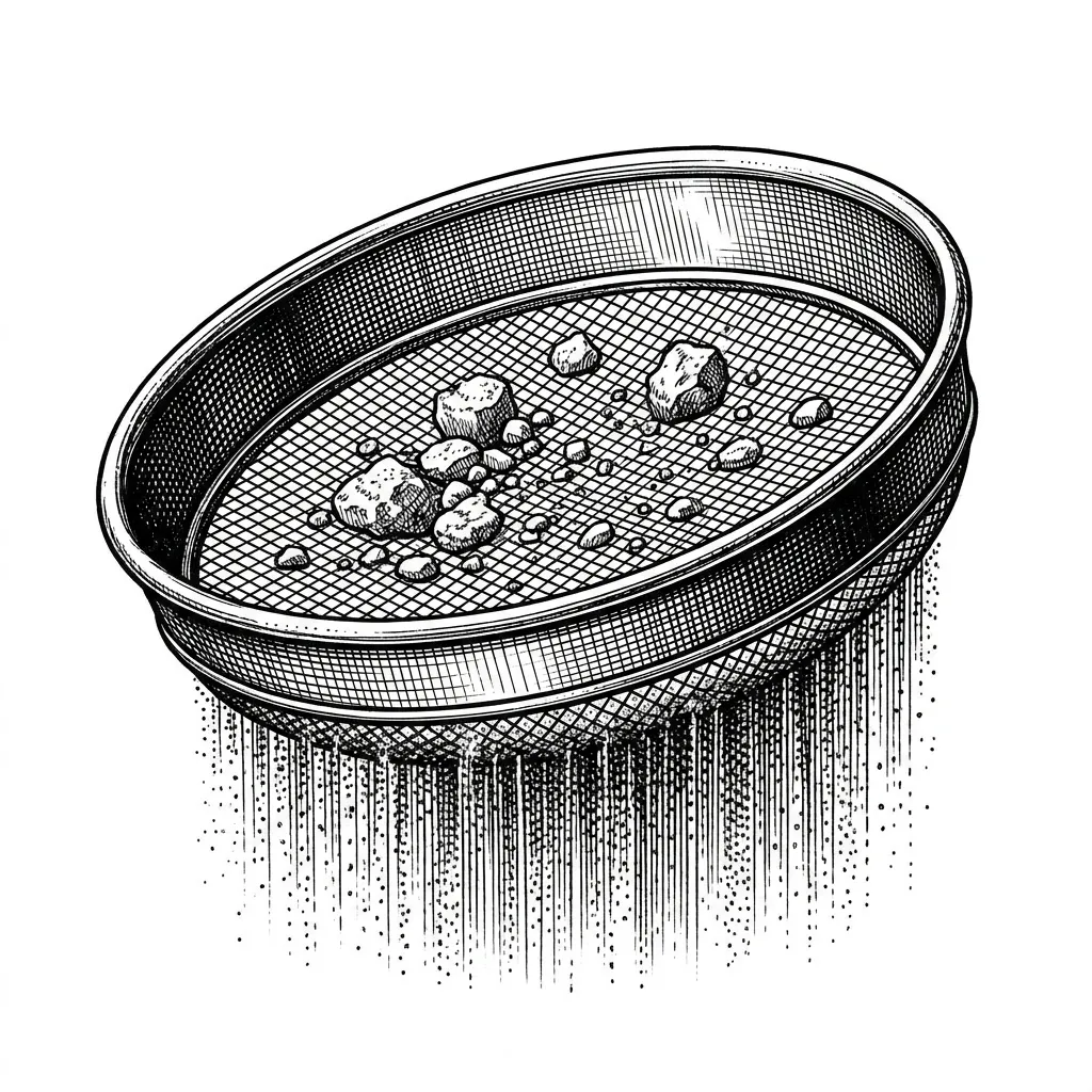 Pen-and-ink illustration of a mesh sieve with rough lumps caught on top while fine grain falls through