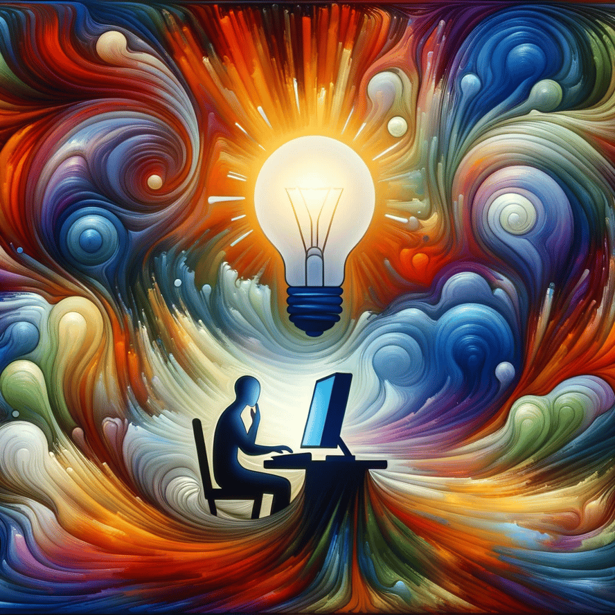 An abstract interpretation of a person having a big idea while at a computer. The scene is less literal and more symbolic, with vibrant colors and flu
