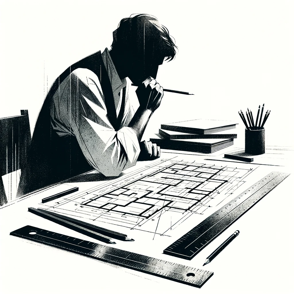 DALL·E 2023-10-31 16.00.18 - Illustration in the style of black chalk on a white paper background, showcasing a minimalist scene of an architect, deep in thought, holding a pencil DALL·E 2023-10-31 16.00.18 - Illustration in the style of black chalk on a white paper background, showcasing a minimalist scene of an architect, deep in thought, holding a pencil