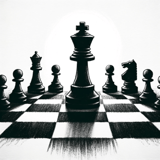 DALL·E 2023-10-31 16.52.19 - Illustration in the style of black chalk on a white paper background, depicting a minimalist chessboard with a few chess pieces strategically position