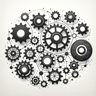 DALL·E 2023-10-31 16.53.46 - Illustration in the style of black chalk on a white paper background, depicting a minimalist series of interconnected gears and cogs, turning in harmo